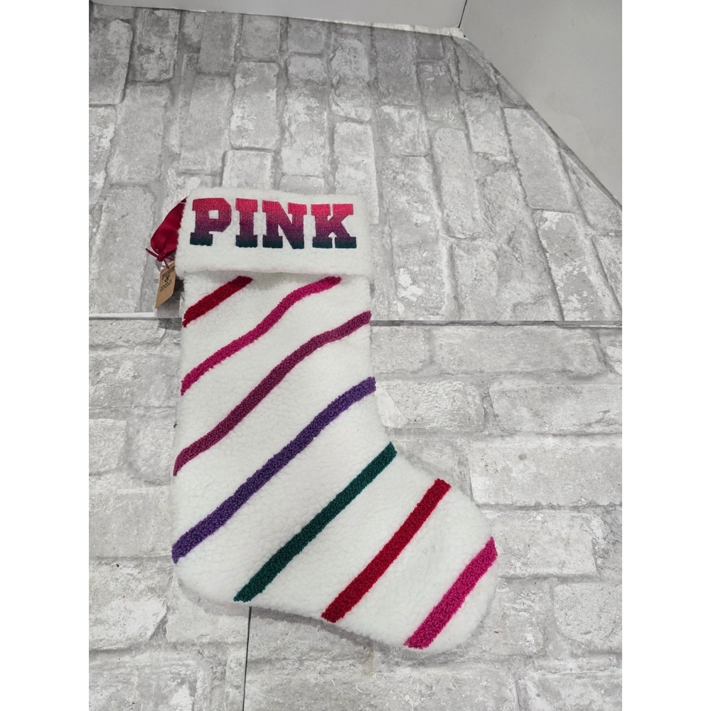 Victoria's Secret PINK Holiday Stocking White Sherpa With Multi-Color NEW
